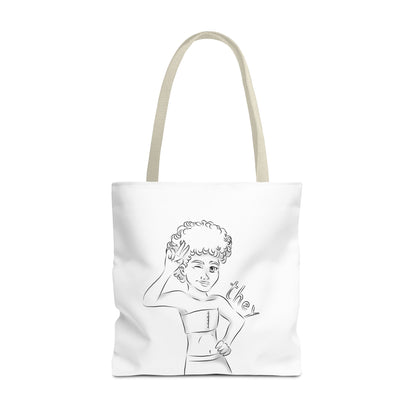 They Pronoun Tote Bag – Gender-Free, Black Line Art, Durable Polyester, Multiple Sizes | Inclusive LGBTQIA+ Accessory | Voce Lindx