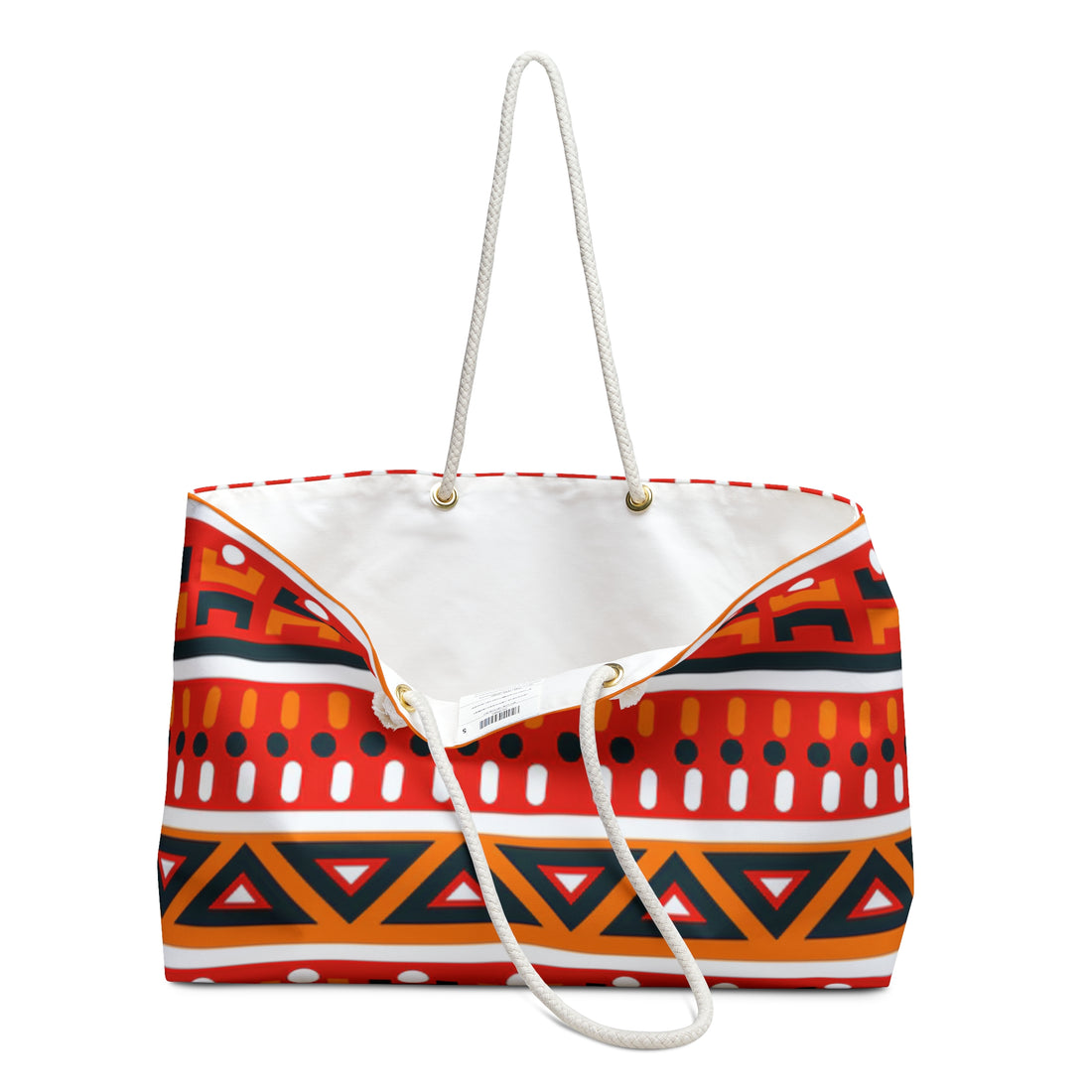 Red & Orange African-Inspired Weekender Bag – Oversized, Durable Polyester, Rope Handles | Inclusive Travel Tote | Voce Lindx
