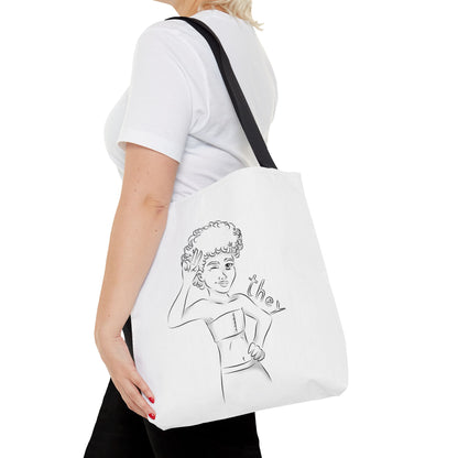 They Pronoun Tote Bag – Gender-Free, Black Line Art, Durable Polyester, Multiple Sizes | Inclusive LGBTQIA+ Accessory | Voce Lindx