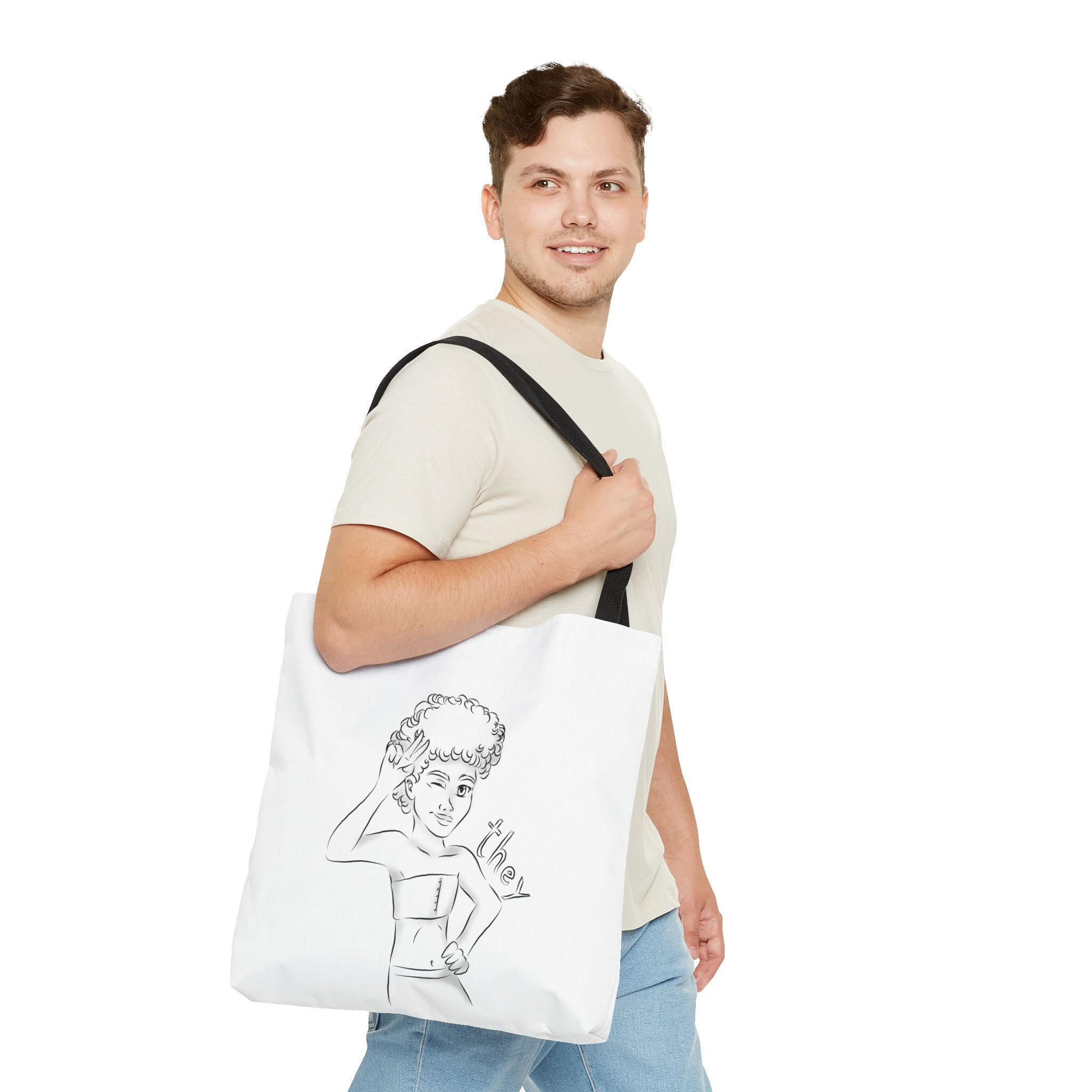 They Pronoun Tote Bag – Gender-Free, Black Line Art, Durable Polyester, Multiple Sizes | Inclusive LGBTQIA+ Accessory | Voce Lindx