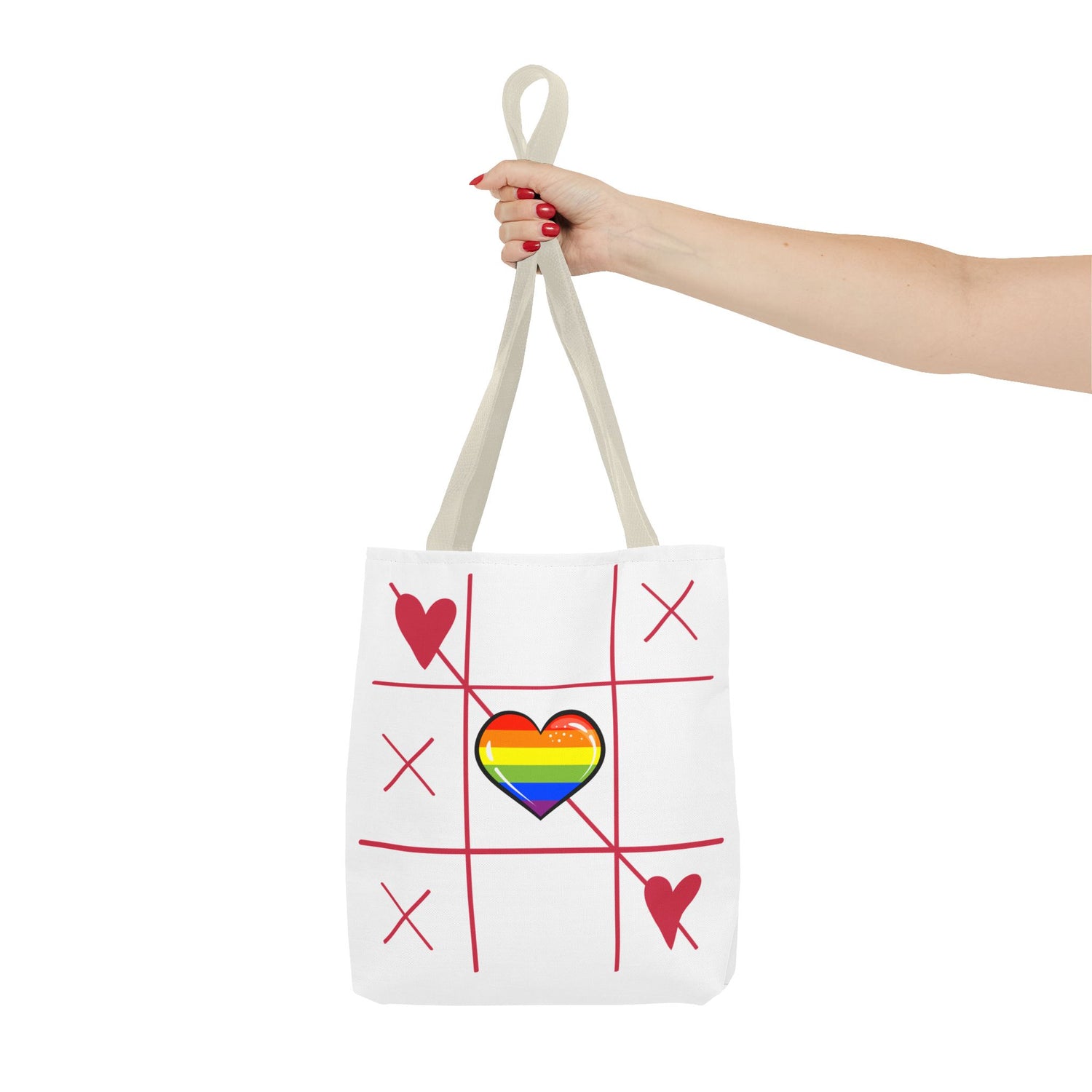 Rainbow Love Tote Bag – Tic Tac Toe Heart, Durable Polyester, Multiple Sizes | Inclusive LGBTQIA+ Accessory | Voce Lindx