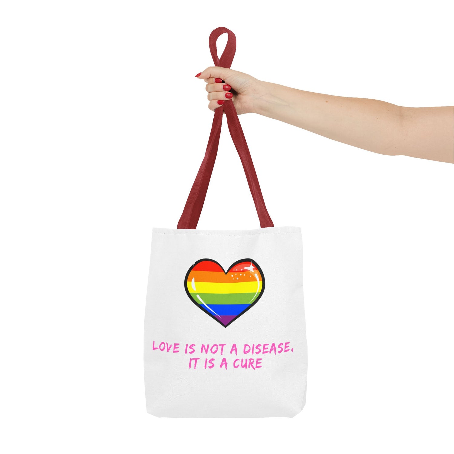 Rainbow Heart Pride Tote Bag – “Love Is Not a Disease, It Is a Cure”, Durable Polyester, Multiple Sizes | Inclusive LGBTQIA+ Accessory | Voce Lindx