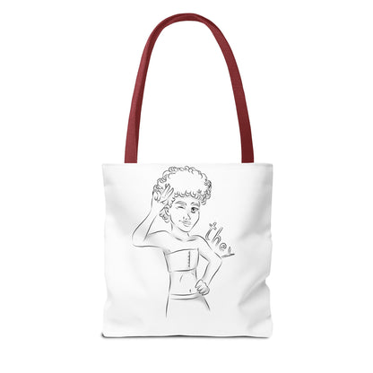 They Pronoun Tote Bag – Gender-Free, Black Line Art, Durable Polyester, Multiple Sizes | Inclusive LGBTQIA+ Accessory | Voce Lindx