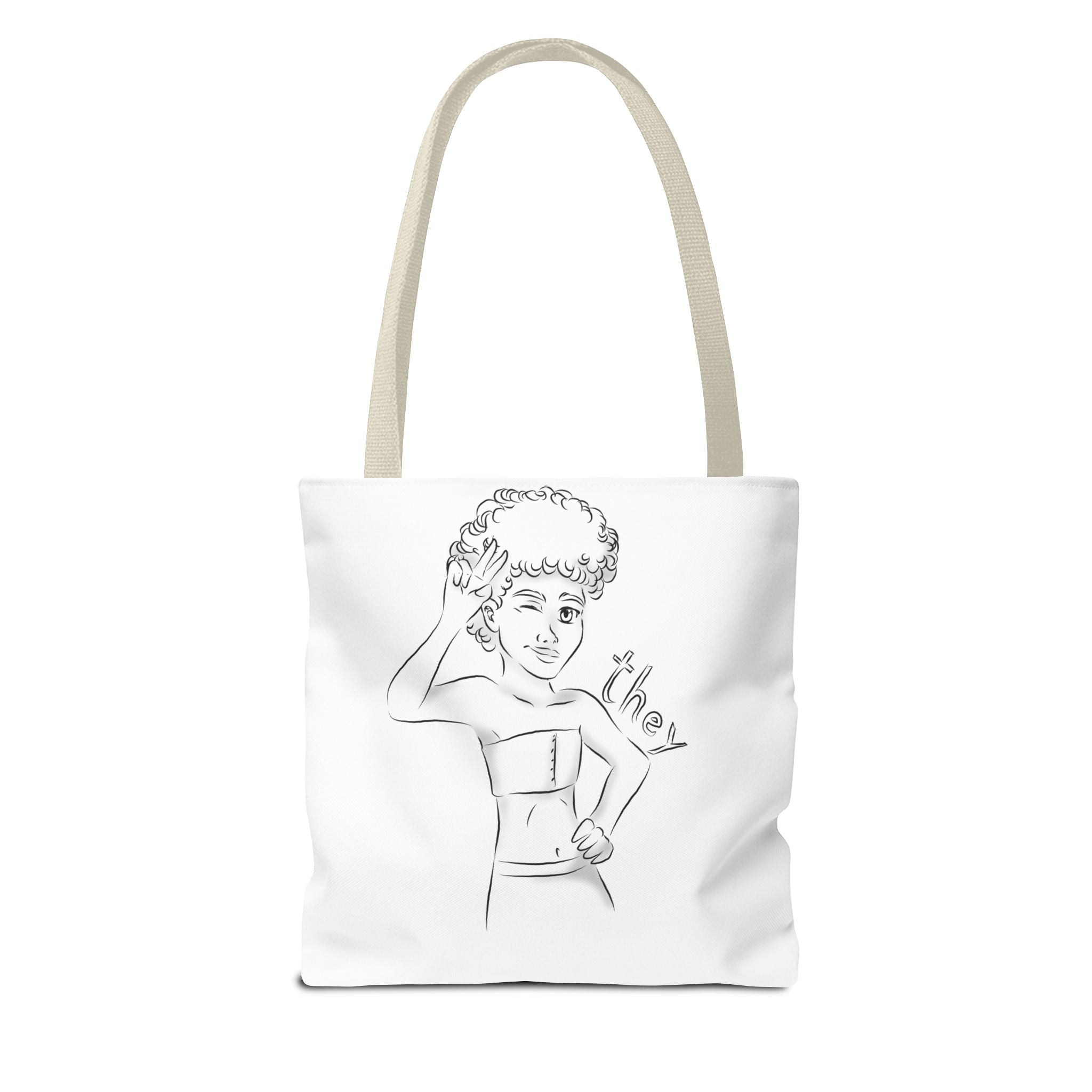 They Pronoun Tote Bag – Gender-Free, Black Line Art, Durable Polyester, Multiple Sizes | Inclusive LGBTQIA+ Accessory | Voce Lindx