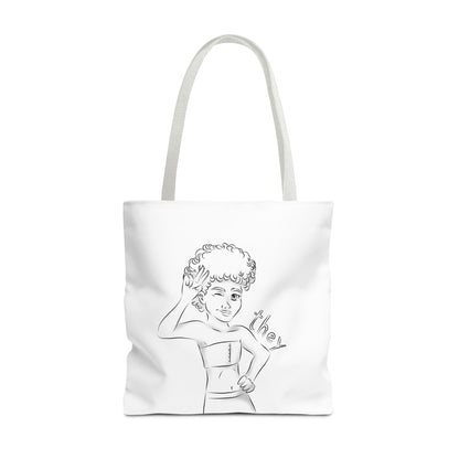 They Pronoun Tote Bag – Gender-Free, Black Line Art, Durable Polyester, Multiple Sizes | Inclusive LGBTQIA+ Accessory | Voce Lindx