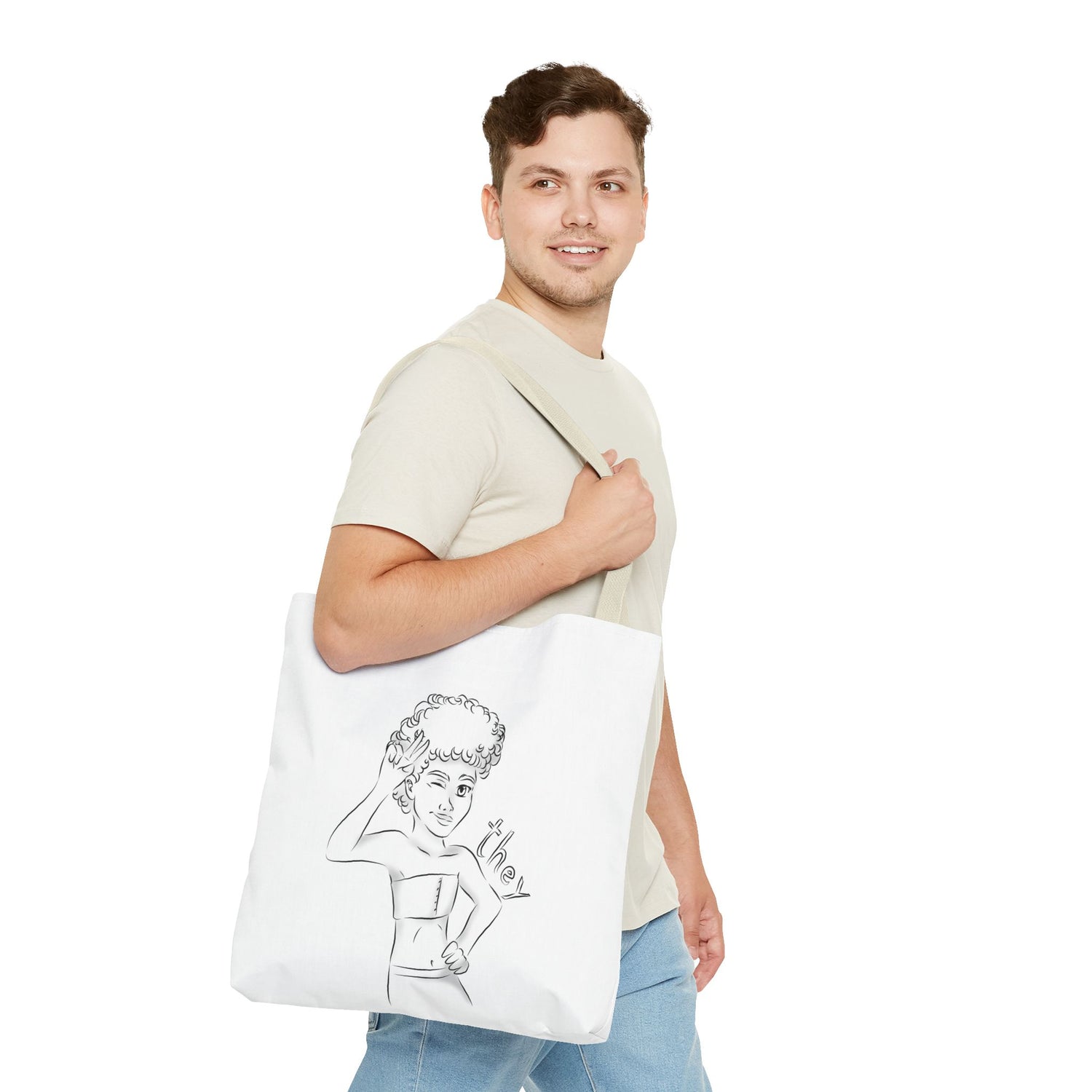 They Pronoun Tote Bag – Gender-Free, Black Line Art, Durable Polyester, Multiple Sizes | Inclusive LGBTQIA+ Accessory | Voce Lindx