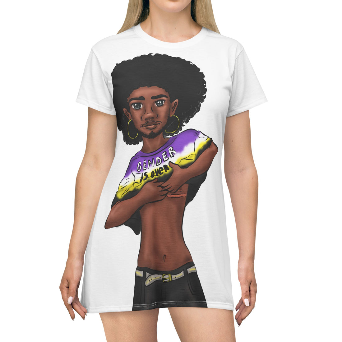 Gender Is Over T-Shirt Dress – Gender-Free, Black Representation Art, Lightweight Polyester | Voce Lindx