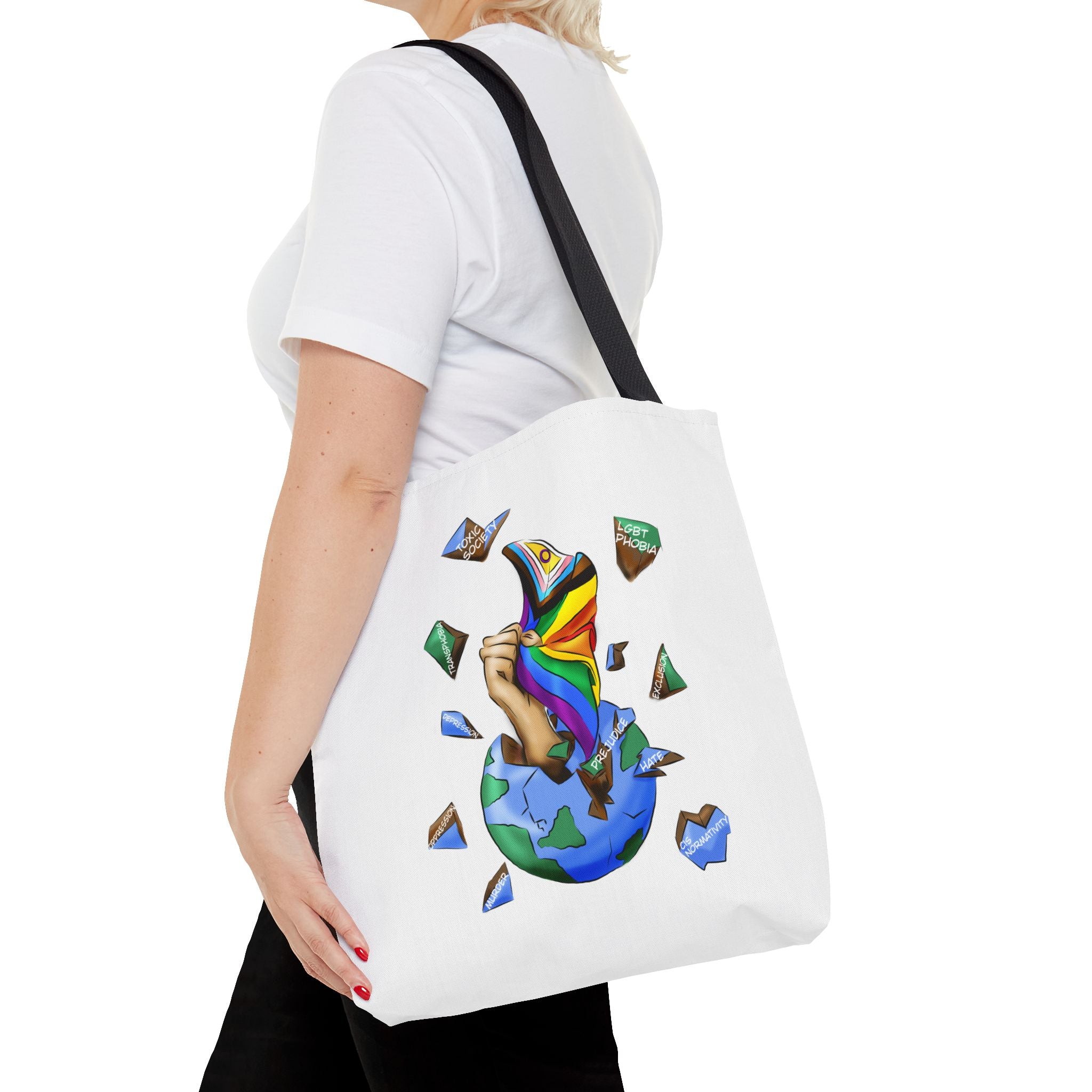 Progress Pride Flag Tote Bag – Breaking Barriers Art, Durable Polyester, Multiple Sizes | Inclusive LGBTQIA+ Accessory | Voce Lindx