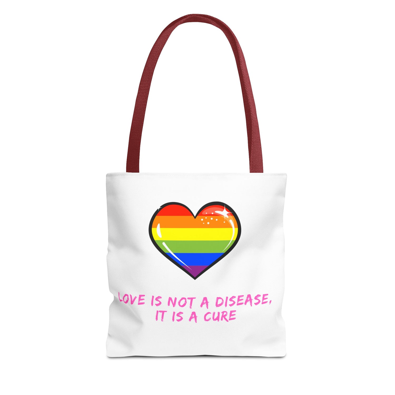Rainbow Heart Pride Tote Bag – “Love Is Not a Disease, It Is a Cure”, Durable Polyester, Multiple Sizes | Inclusive LGBTQIA+ Accessory | Voce Lindx
