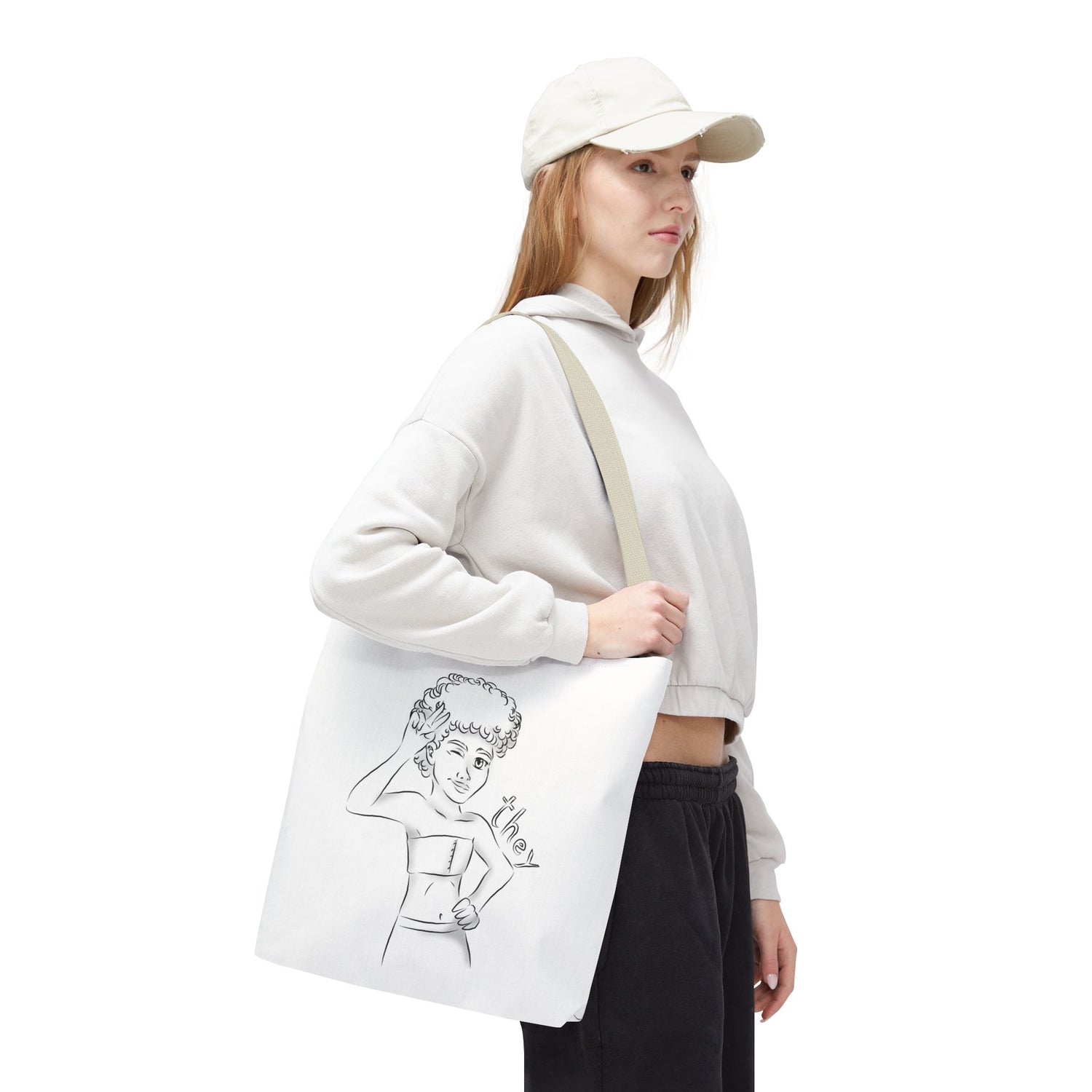 They Pronoun Tote Bag – Gender-Free, Black Line Art, Durable Polyester, Multiple Sizes | Inclusive LGBTQIA+ Accessory | Voce Lindx