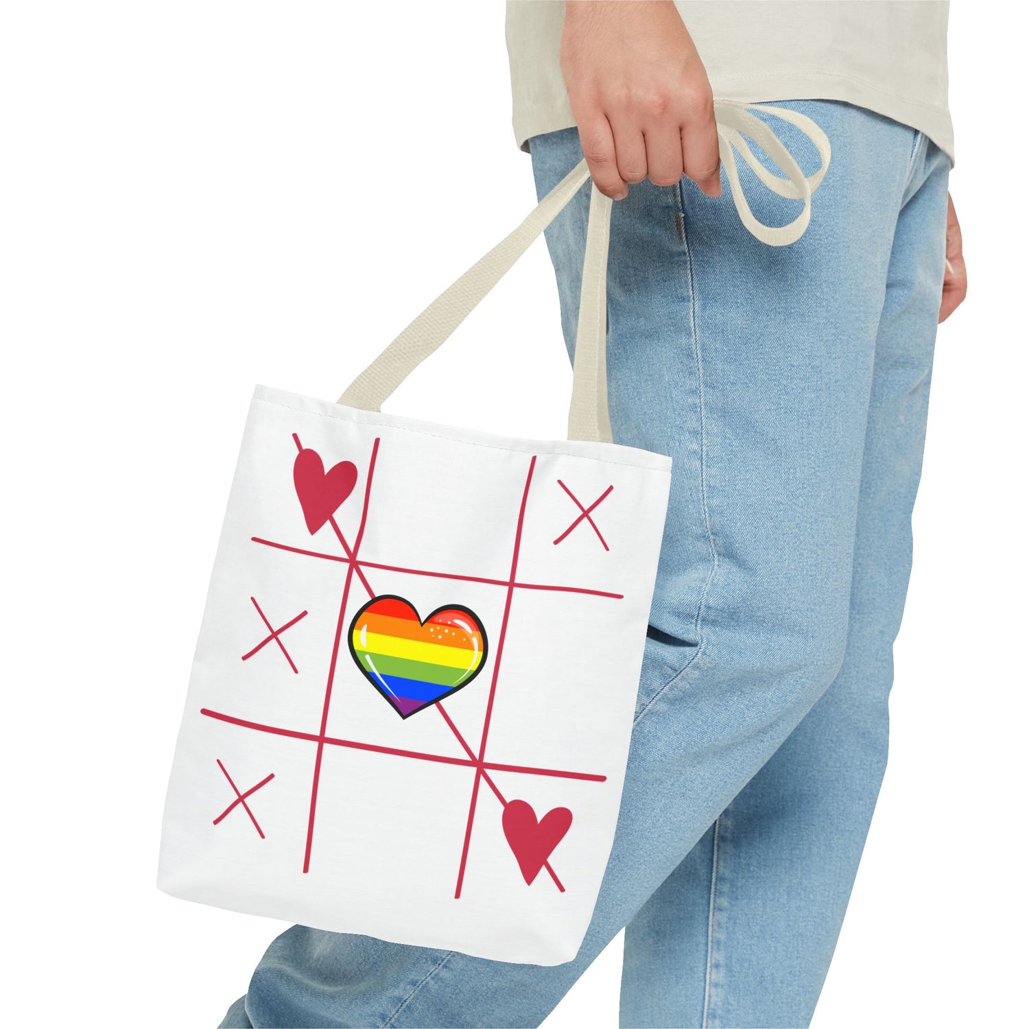 Rainbow Love Tote Bag – Tic Tac Toe Heart, Durable Polyester, Multiple Sizes | Inclusive LGBTQIA+ Accessory | Voce Lindx