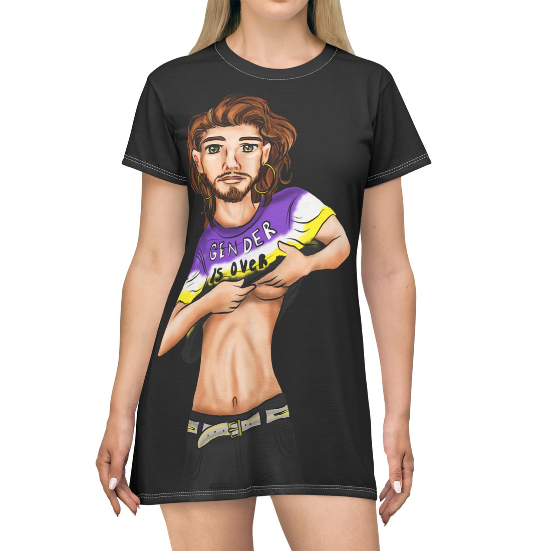 Gender Is Over T-Shirt Dress – Gender-Free, Nonbinary Pride Art, Lightweight Polyester | Voce Lindx