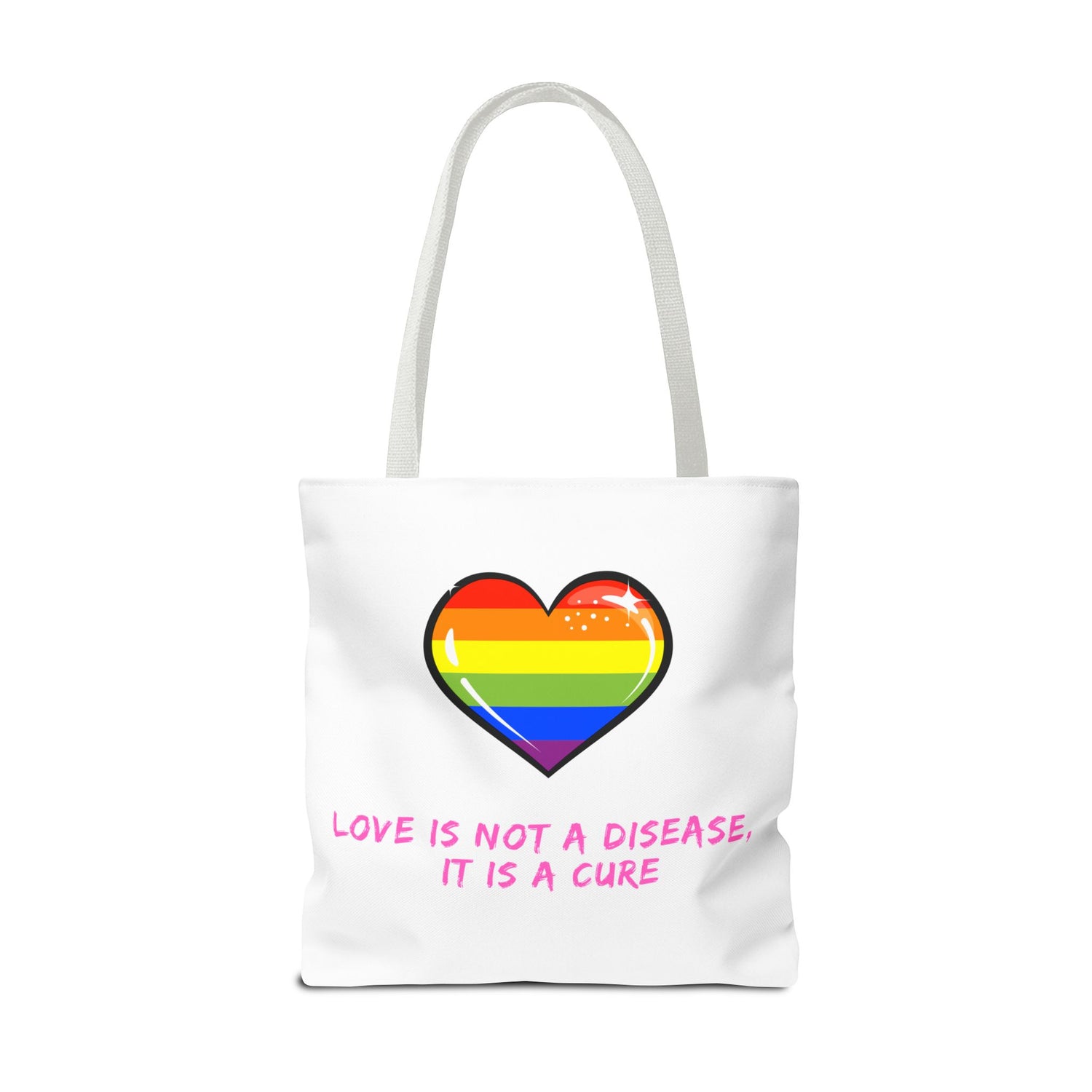 Rainbow Heart Pride Tote Bag – “Love Is Not a Disease, It Is a Cure”, Durable Polyester, Multiple Sizes | Inclusive LGBTQIA+ Accessory | Voce Lindx