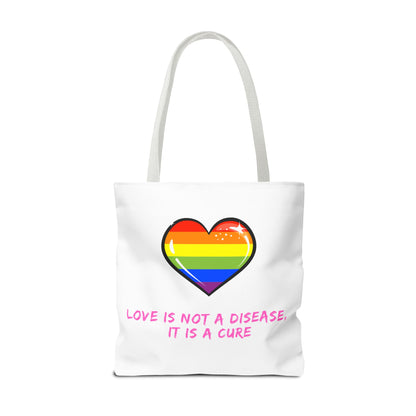Rainbow Heart Pride Tote Bag – “Love Is Not a Disease, It Is a Cure”, Durable Polyester, Multiple Sizes | Inclusive LGBTQIA+ Accessory | Voce Lindx