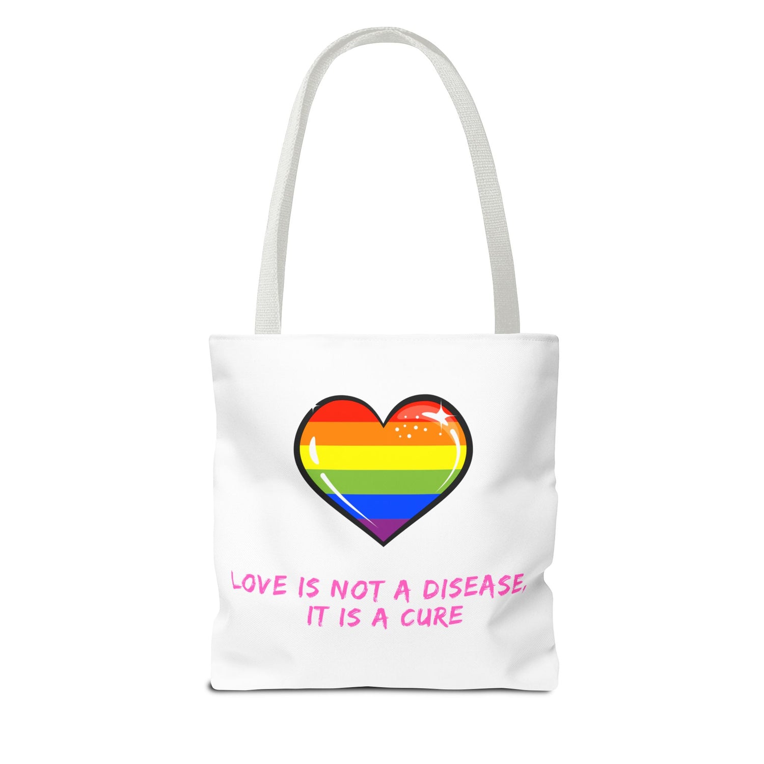 Rainbow Heart Pride Tote Bag – “Love Is Not a Disease, It Is a Cure”, Durable Polyester, Multiple Sizes | Inclusive LGBTQIA+ Accessory | Voce Lindx