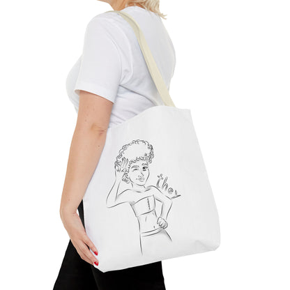 They Pronoun Tote Bag – Gender-Free, Black Line Art, Durable Polyester, Multiple Sizes | Inclusive LGBTQIA+ Accessory | Voce Lindx