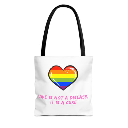 Rainbow Heart Pride Tote Bag – “Love Is Not a Disease, It Is a Cure”, Durable Polyester, Multiple Sizes | Inclusive LGBTQIA+ Accessory | Voce Lindx