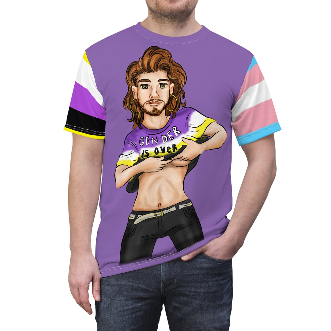 Gender Is Over Gender-Free Tee – Nonbinary & Trans Pride Sleeves, Inclusive LGBTQIA+ Art, Lightweight Polyester | Voce Lindx