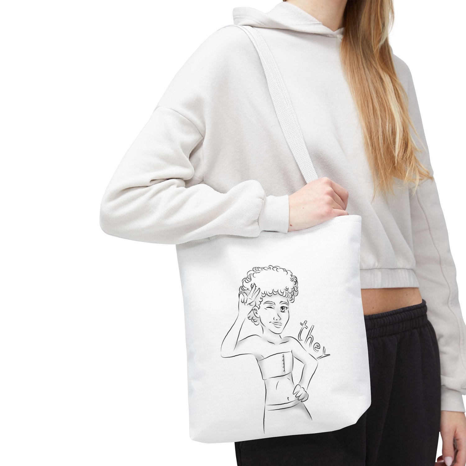 They Pronoun Tote Bag – Gender-Free, Black Line Art, Durable Polyester, Multiple Sizes | Inclusive LGBTQIA+ Accessory | Voce Lindx
