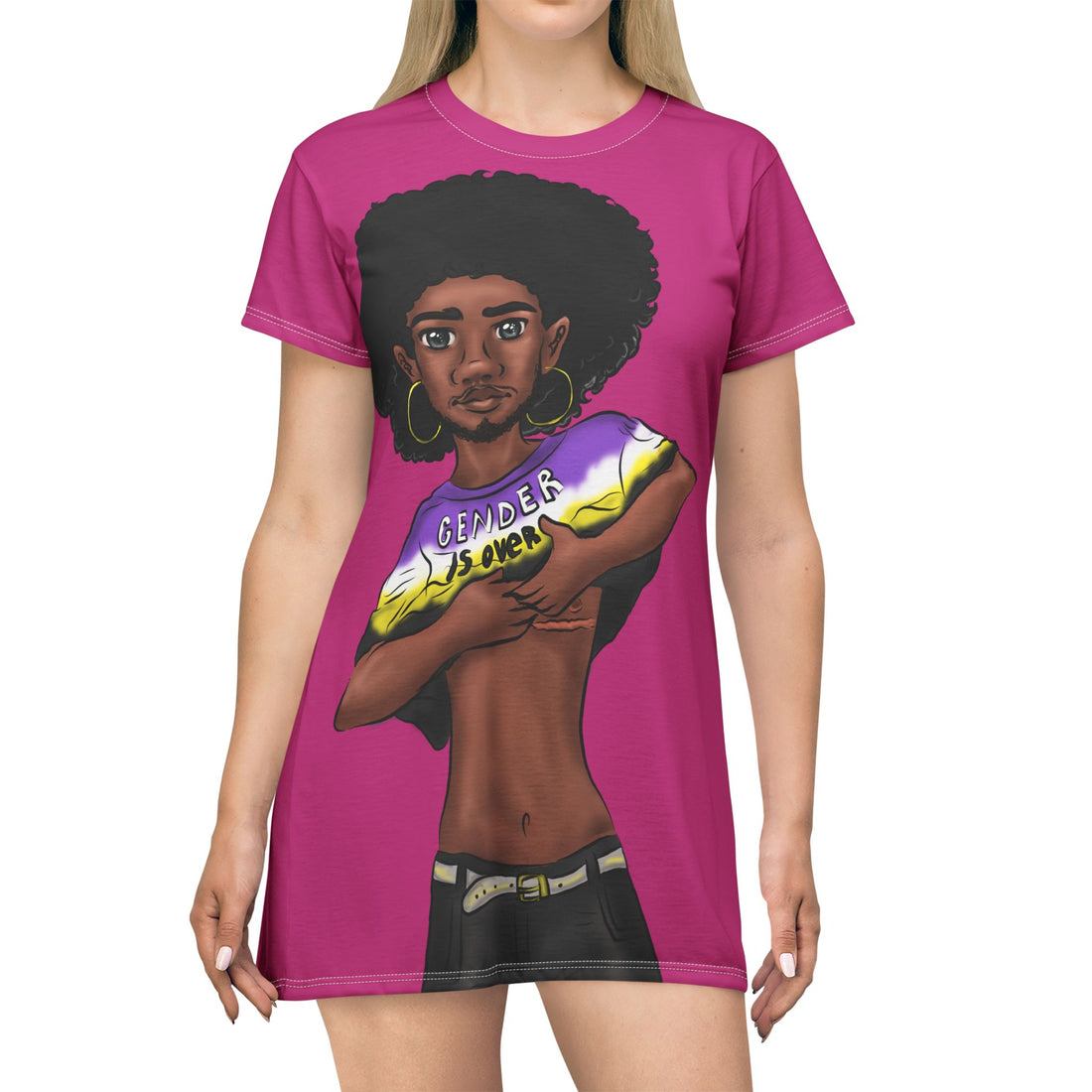 Gender Is Over T-Shirt Dress – Gender-Free, Black Representation Art, Lightweight Polyester | Voce Lindx