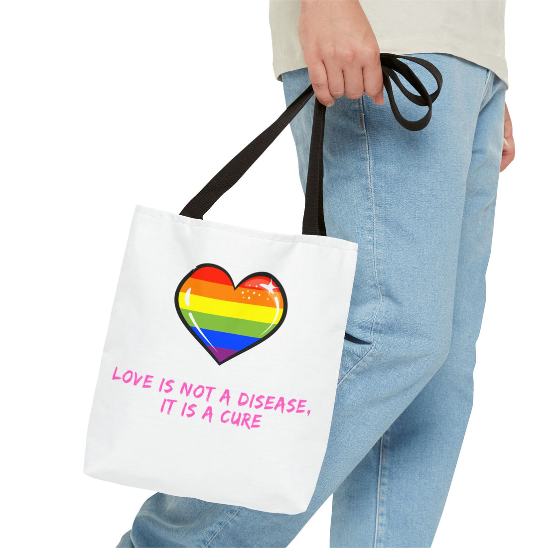 Rainbow Heart Pride Tote Bag – “Love Is Not a Disease, It Is a Cure”, Durable Polyester, Multiple Sizes | Inclusive LGBTQIA+ Accessory | Voce Lindx