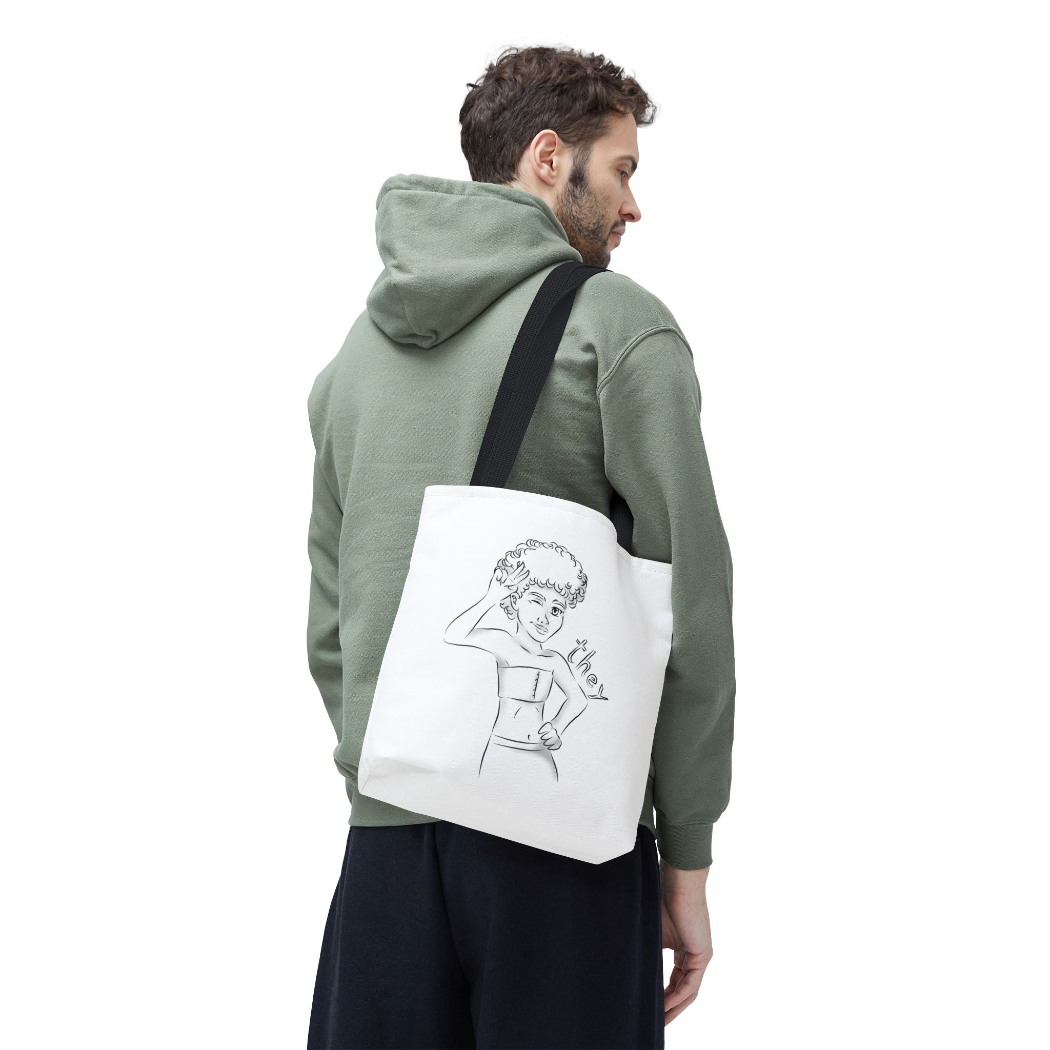 They Pronoun Tote Bag – Gender-Free, Black Line Art, Durable Polyester, Multiple Sizes | Inclusive LGBTQIA+ Accessory | Voce Lindx