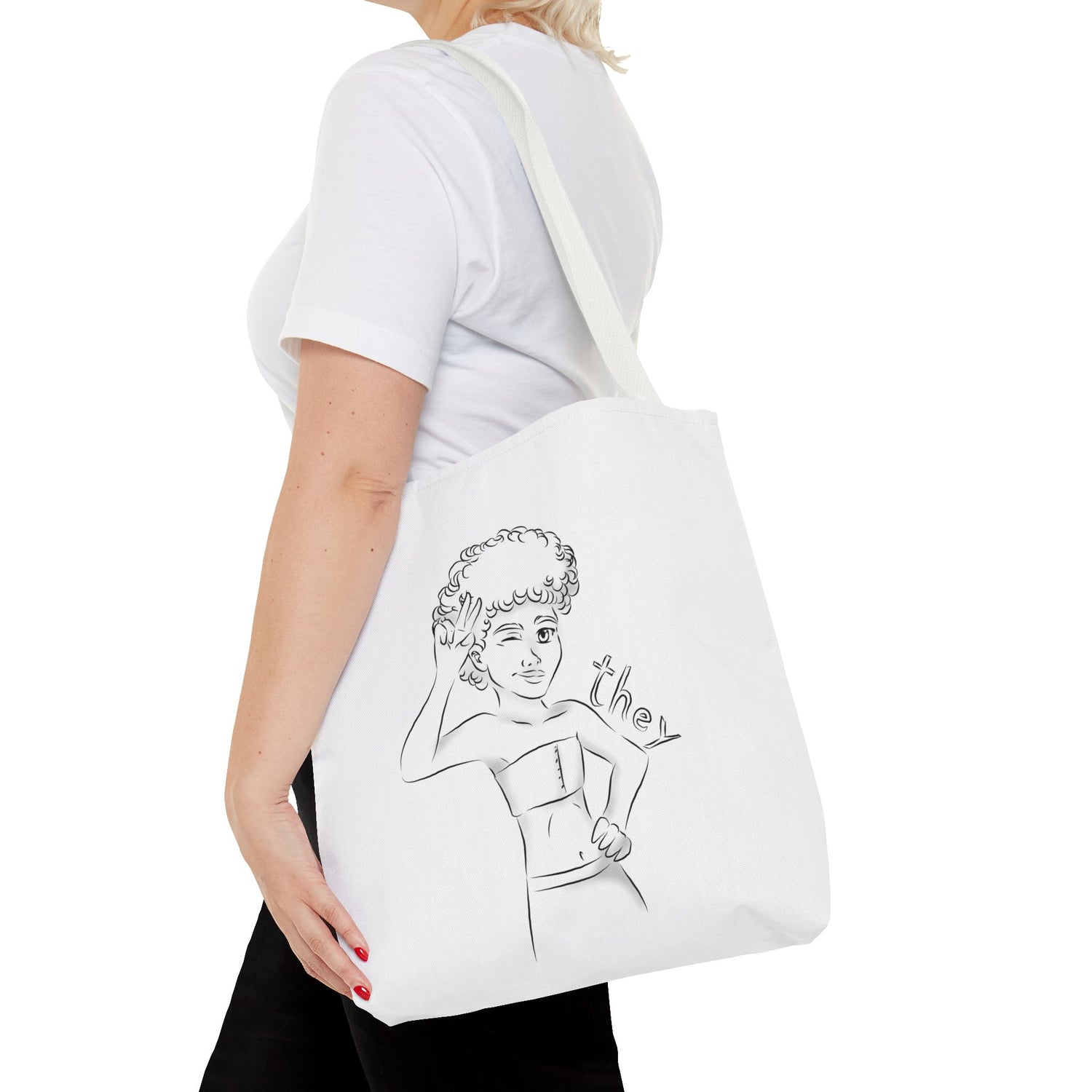 They Pronoun Tote Bag – Gender-Free, Black Line Art, Durable Polyester, Multiple Sizes | Inclusive LGBTQIA+ Accessory | Voce Lindx