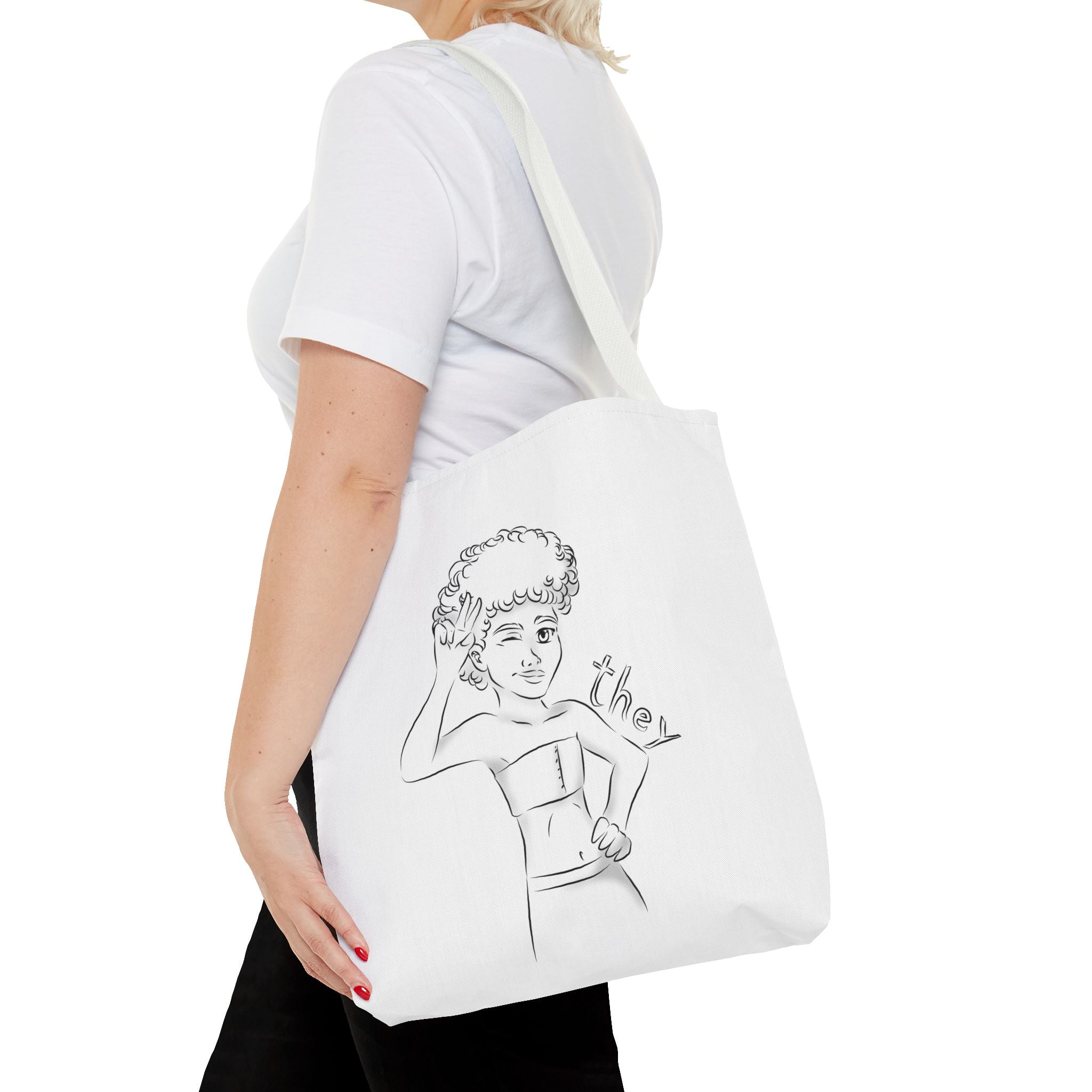 They Pronoun Tote Bag – Gender-Free, Black Line Art, Durable Polyester, Multiple Sizes | Inclusive LGBTQIA+ Accessory | Voce Lindx