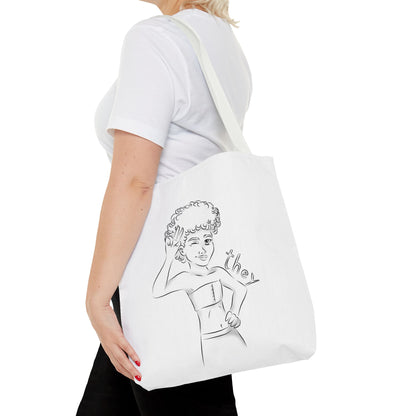 They Pronoun Tote Bag – Gender-Free, Black Line Art, Durable Polyester, Multiple Sizes | Inclusive LGBTQIA+ Accessory | Voce Lindx