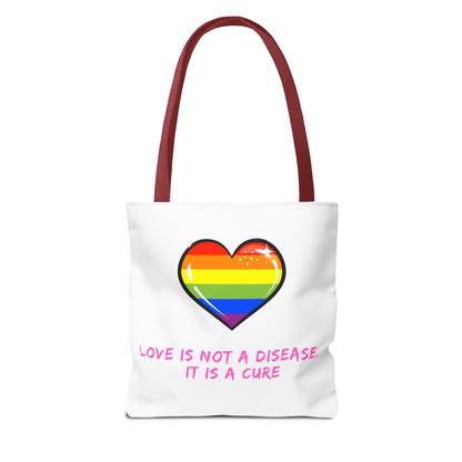 Rainbow Heart Pride Tote Bag – “Love Is Not a Disease, It Is a Cure”, Durable Polyester, Multiple Sizes | Inclusive LGBTQIA+ Accessory | Voce Lindx