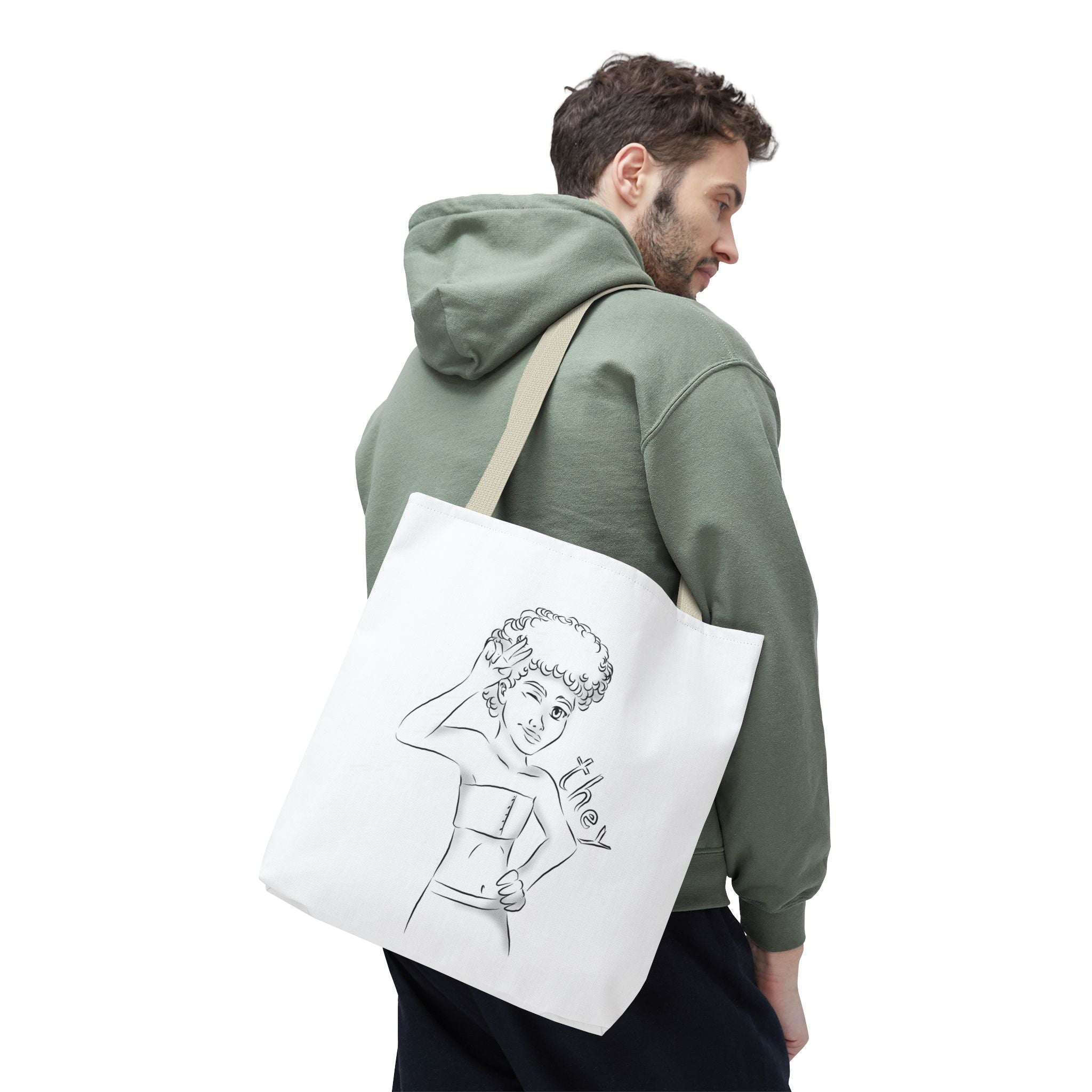 They Pronoun Tote Bag – Gender-Free, Black Line Art, Durable Polyester, Multiple Sizes | Inclusive LGBTQIA+ Accessory | Voce Lindx
