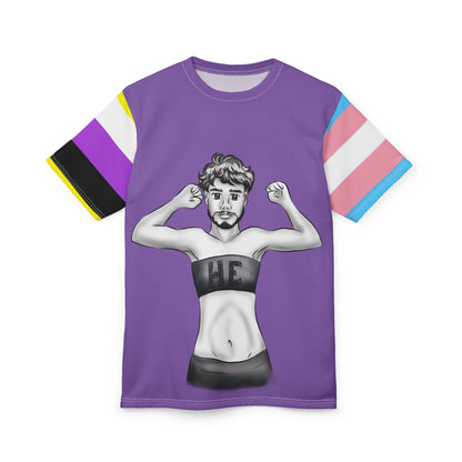 HE Gender-Free Pride Tee – Trans &amp; Nonbinary Flag Sleeves, Inclusive LGBTQIA+ Fashion | Voce Lindx