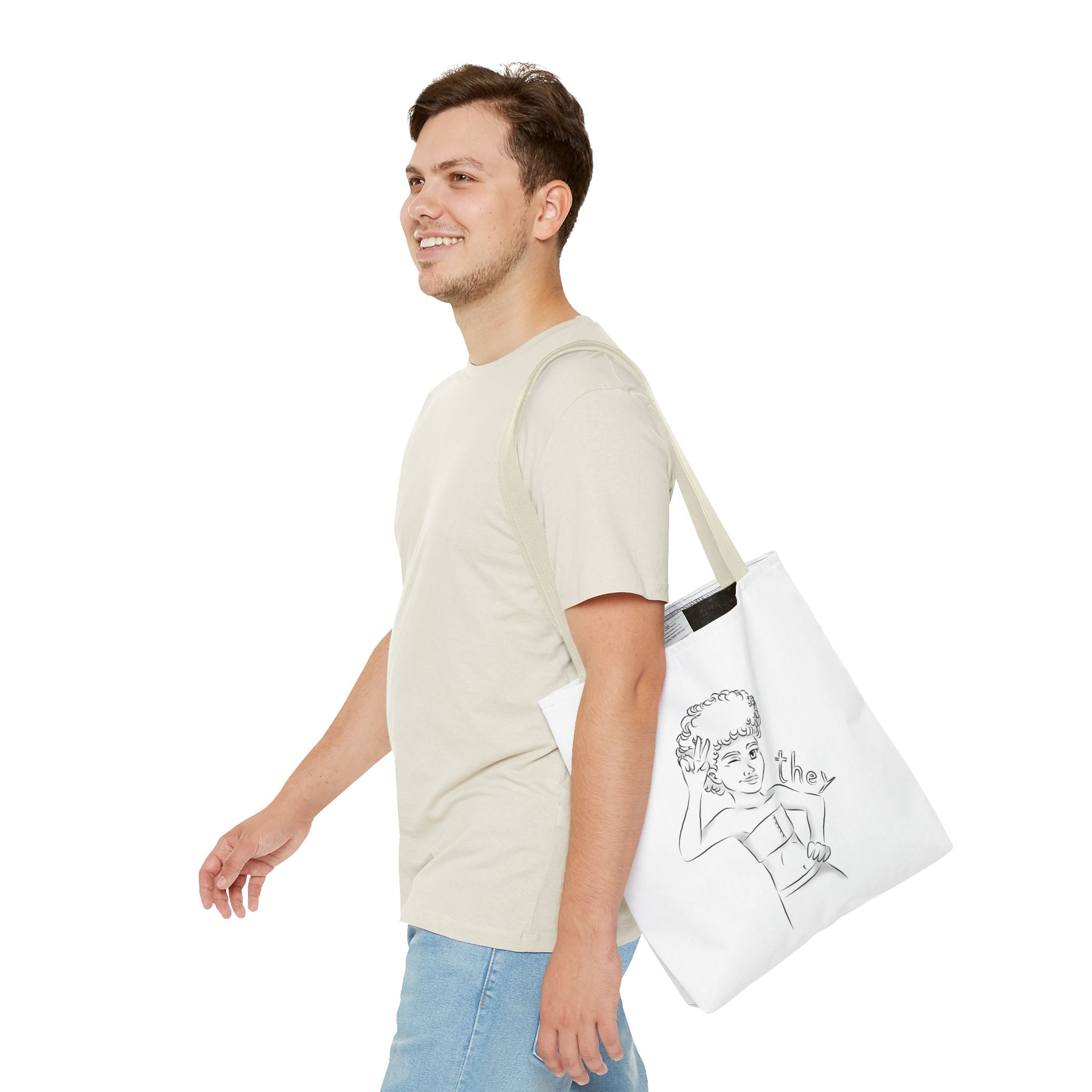 They Pronoun Tote Bag – Gender-Free, Black Line Art, Durable Polyester, Multiple Sizes | Inclusive LGBTQIA+ Accessory | Voce Lindx