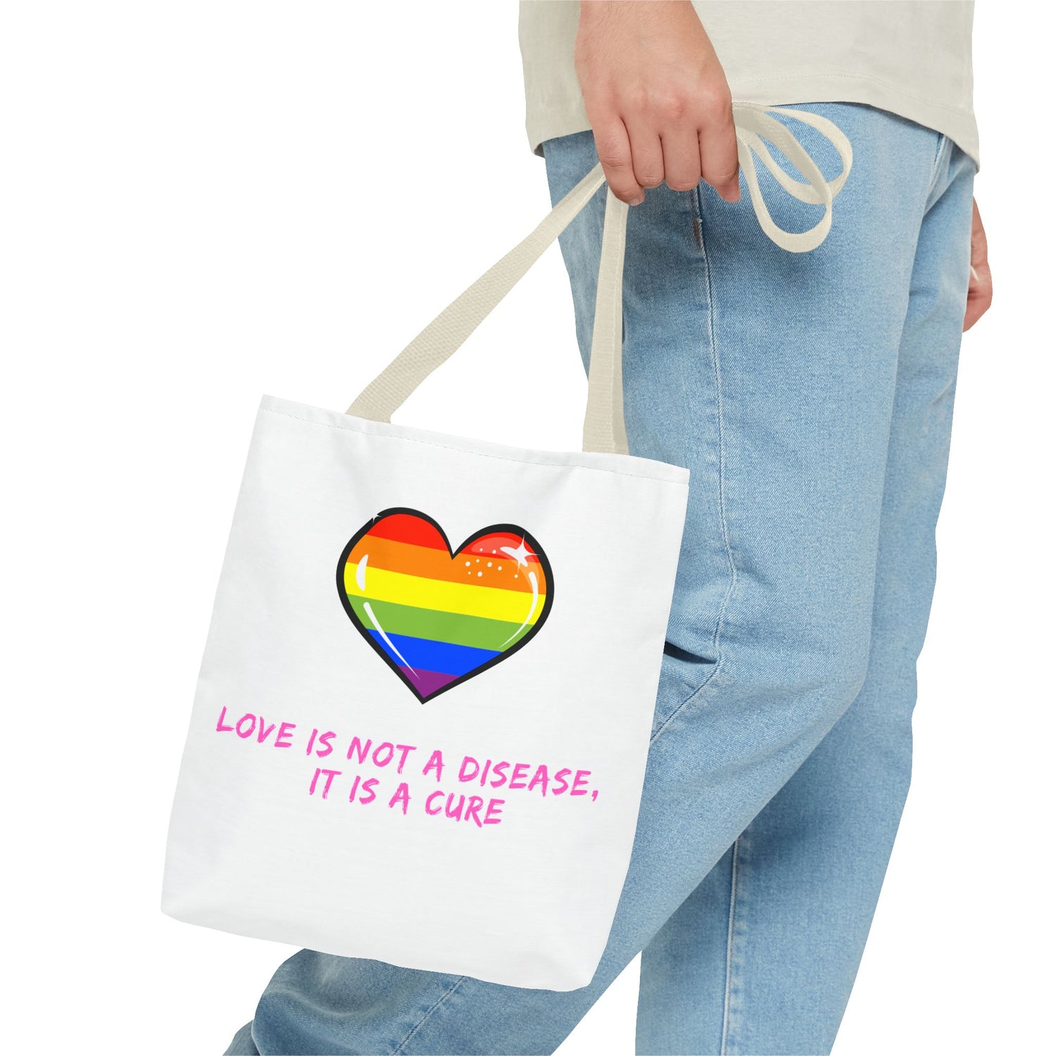 Rainbow Heart Pride Tote Bag – “Love Is Not a Disease, It Is a Cure”, Durable Polyester, Multiple Sizes | Inclusive LGBTQIA+ Accessory | Voce Lindx