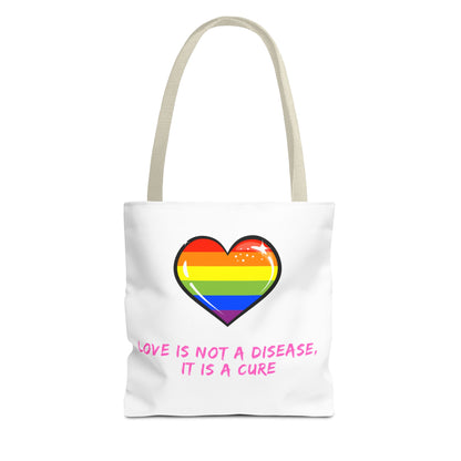 Rainbow Heart Pride Tote Bag – “Love Is Not a Disease, It Is a Cure”, Durable Polyester, Multiple Sizes | Inclusive LGBTQIA+ Accessory | Voce Lindx