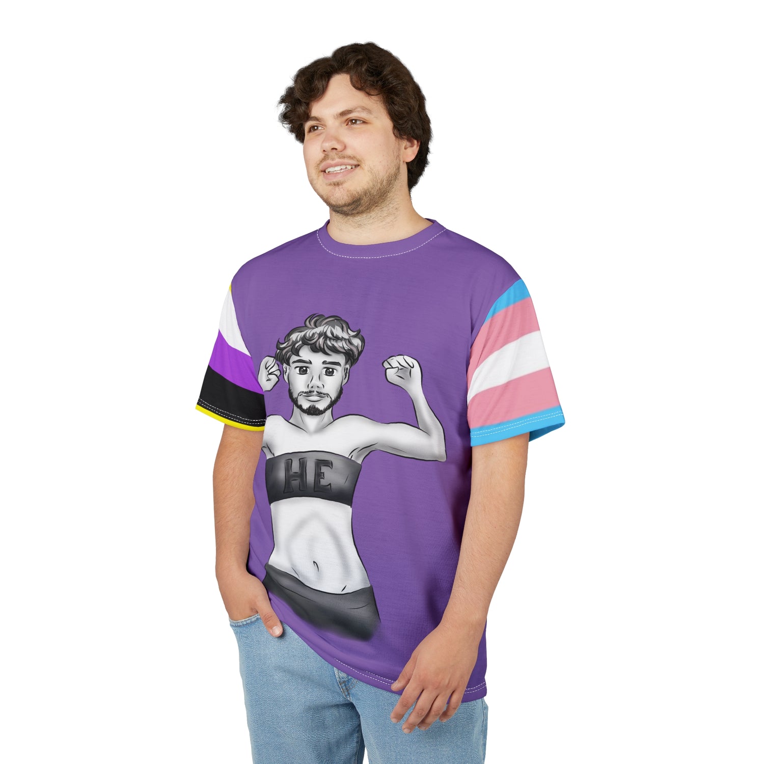 HE Gender-Free Pride Tee – Trans &amp; Nonbinary Flag Sleeves, Inclusive LGBTQIA+ Fashion | Voce Lindx
