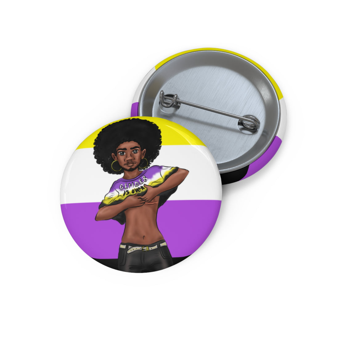 Nonbinary Pride Pin Button – Gender-Free, “Gender Is Over” Black Representation Art, Glossy Metal, Multiple Sizes | Voce Lindx