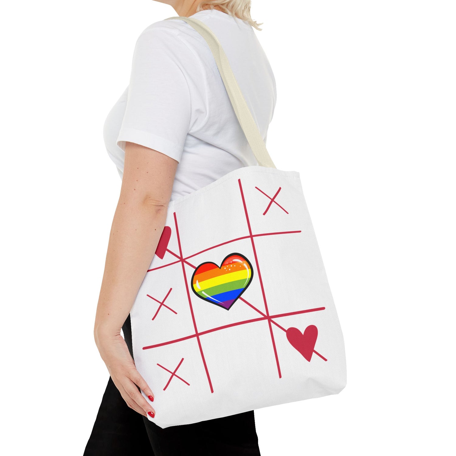 Rainbow Love Tote Bag – Tic Tac Toe Heart, Durable Polyester, Multiple Sizes | Inclusive LGBTQIA+ Accessory | Voce Lindx