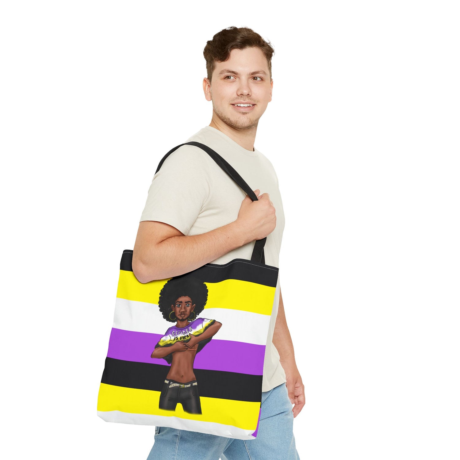 Nonbinary Pride Tote Bag – “Gender Is Over” Art, Durable Polyester, Multiple Sizes | Inclusive LGBTQIA+ Accessory | Voce Lindx