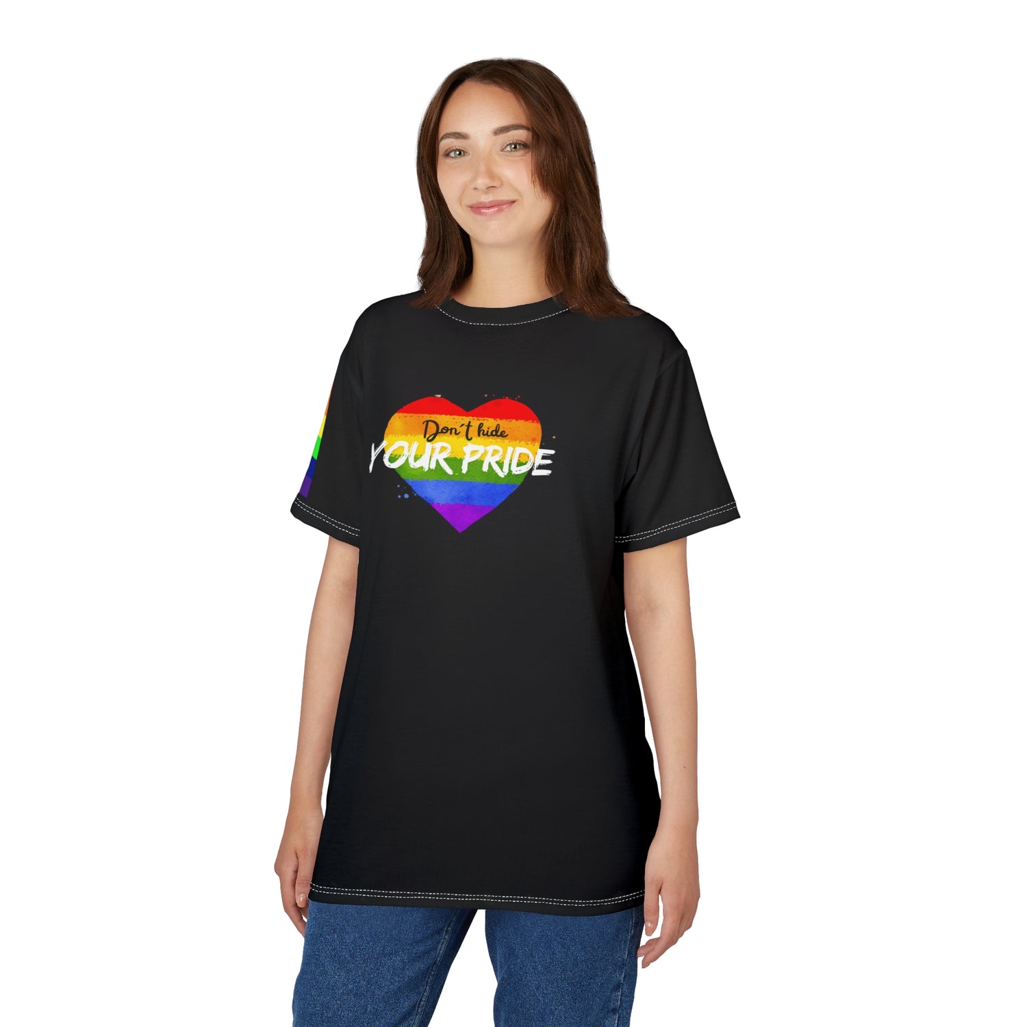 Don’t Hide Your Pride Gender-Free Tee – Rainbow Heart, Inclusive LGBTQIA+ Fashion | Voce Lindx