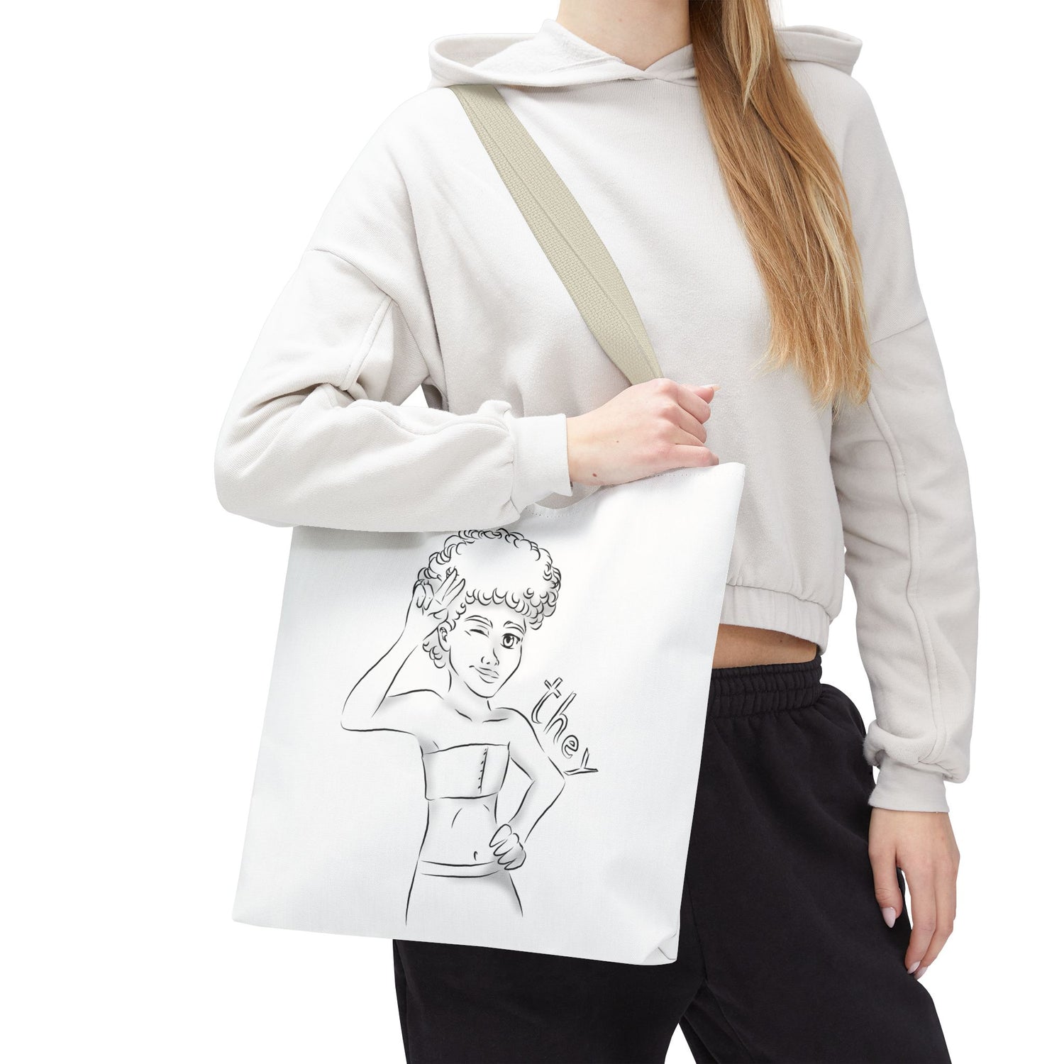 They Pronoun Tote Bag – Gender-Free, Black Line Art, Durable Polyester, Multiple Sizes | Inclusive LGBTQIA+ Accessory | Voce Lindx