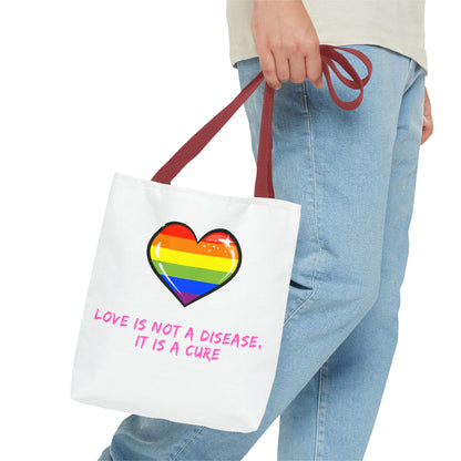 Rainbow Heart Pride Tote Bag – “Love Is Not a Disease, It Is a Cure”, Durable Polyester, Multiple Sizes | Inclusive LGBTQIA+ Accessory | Voce Lindx