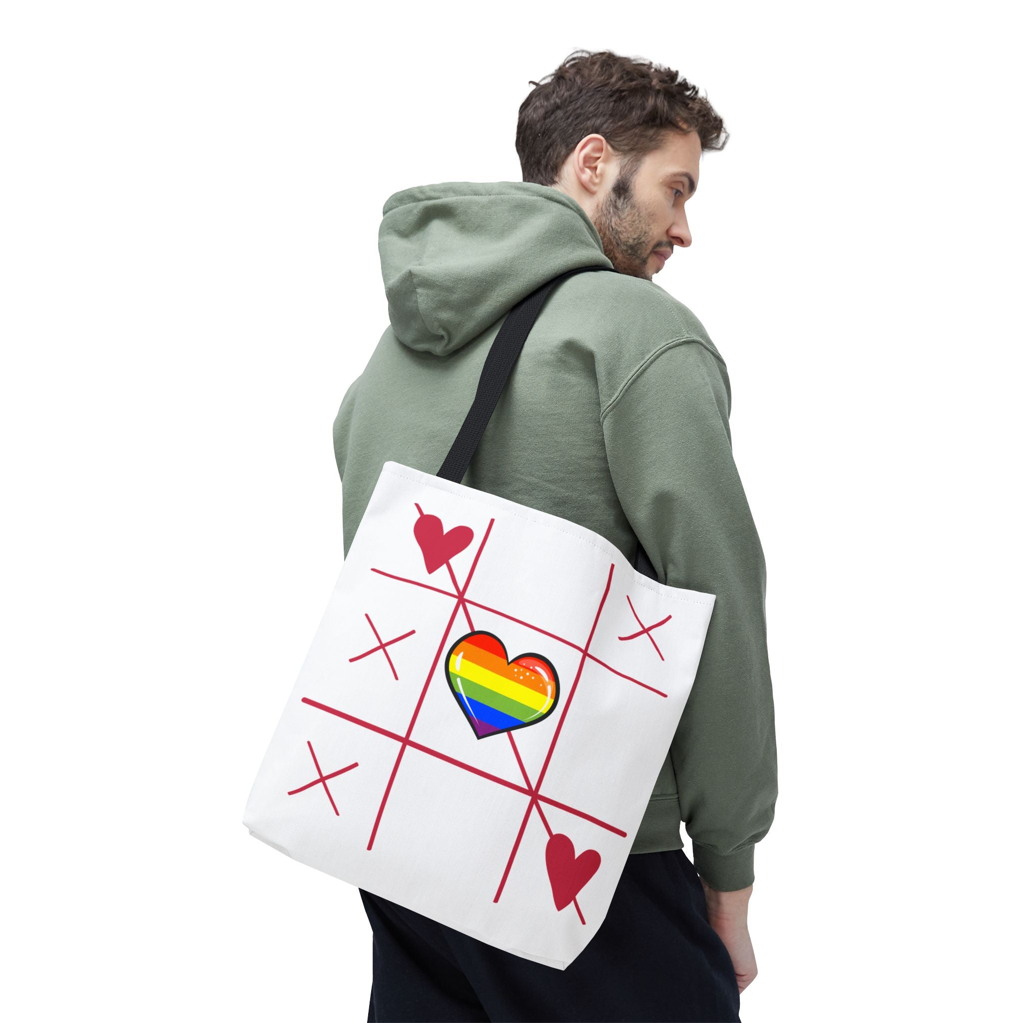Rainbow Love Tote Bag – Tic Tac Toe Heart, Durable Polyester, Multiple Sizes | Inclusive LGBTQIA+ Accessory | Voce Lindx