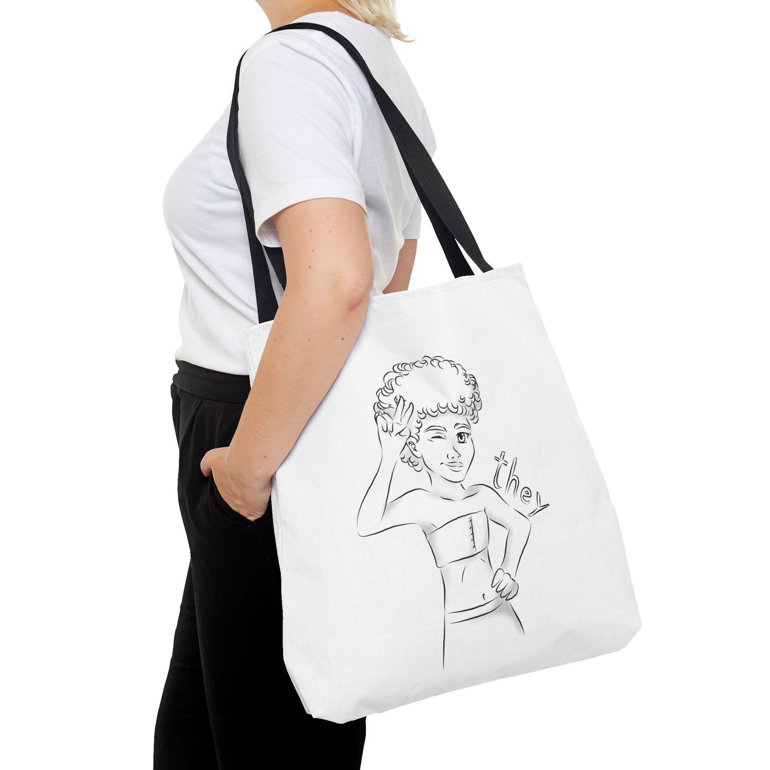 They Pronoun Tote Bag – Gender-Free, Black Line Art, Durable Polyester, Multiple Sizes | Inclusive LGBTQIA+ Accessory | Voce Lindx