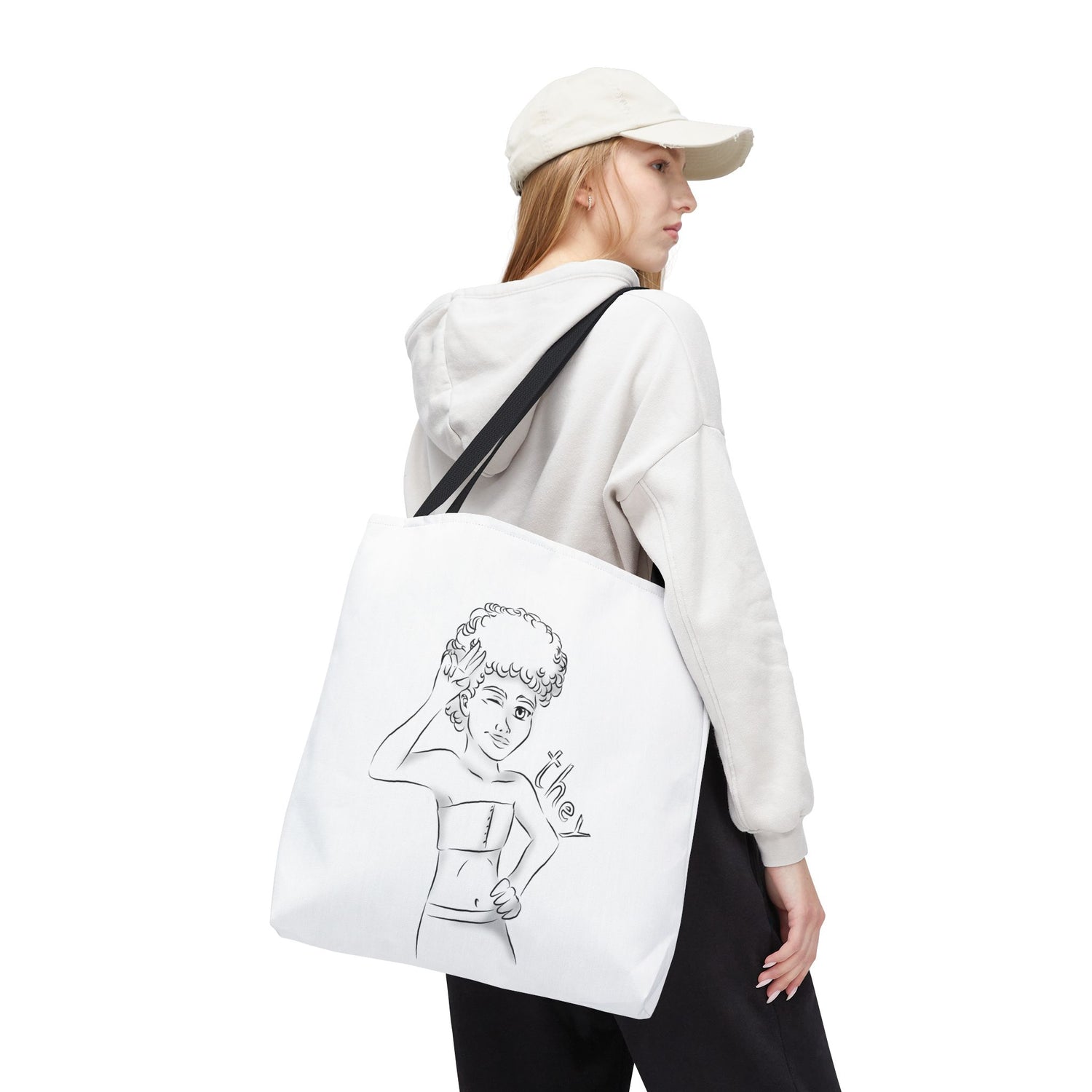 They Pronoun Tote Bag – Gender-Free, Black Line Art, Durable Polyester, Multiple Sizes | Inclusive LGBTQIA+ Accessory | Voce Lindx
