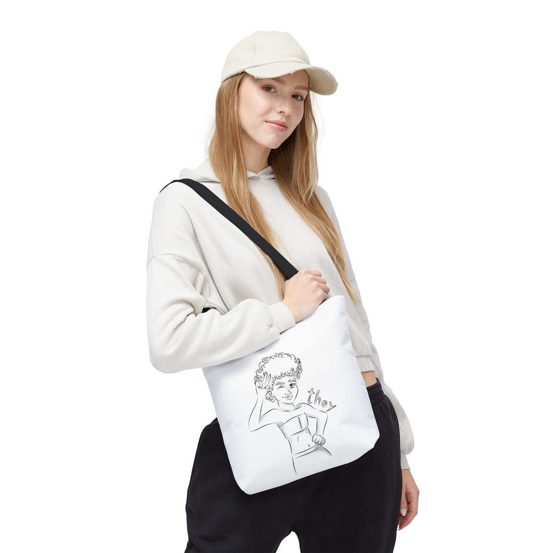 They Pronoun Tote Bag – Gender-Free, Black Line Art, Durable Polyester, Multiple Sizes | Inclusive LGBTQIA+ Accessory | Voce Lindx