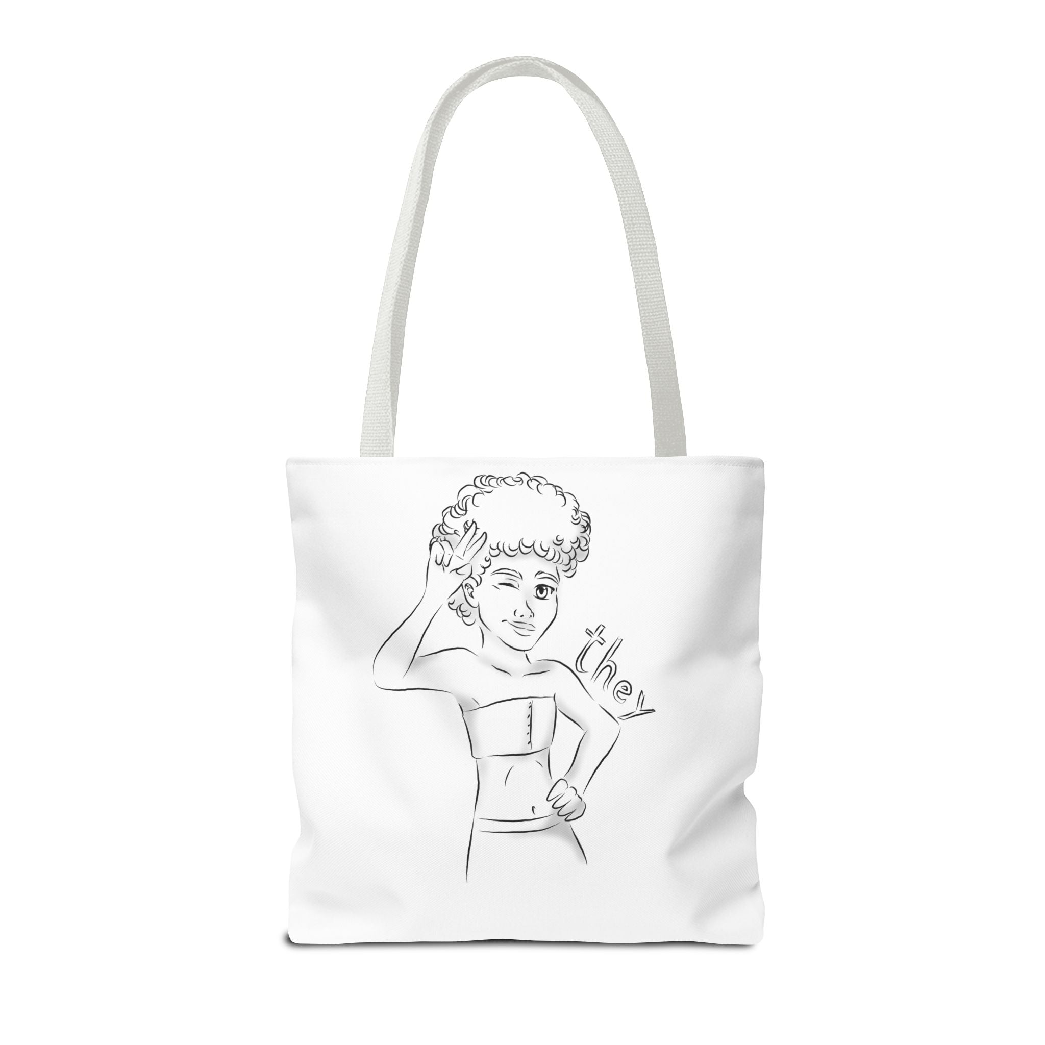 They Pronoun Tote Bag – Gender-Free, Black Line Art, Durable Polyester, Multiple Sizes | Inclusive LGBTQIA+ Accessory | Voce Lindx