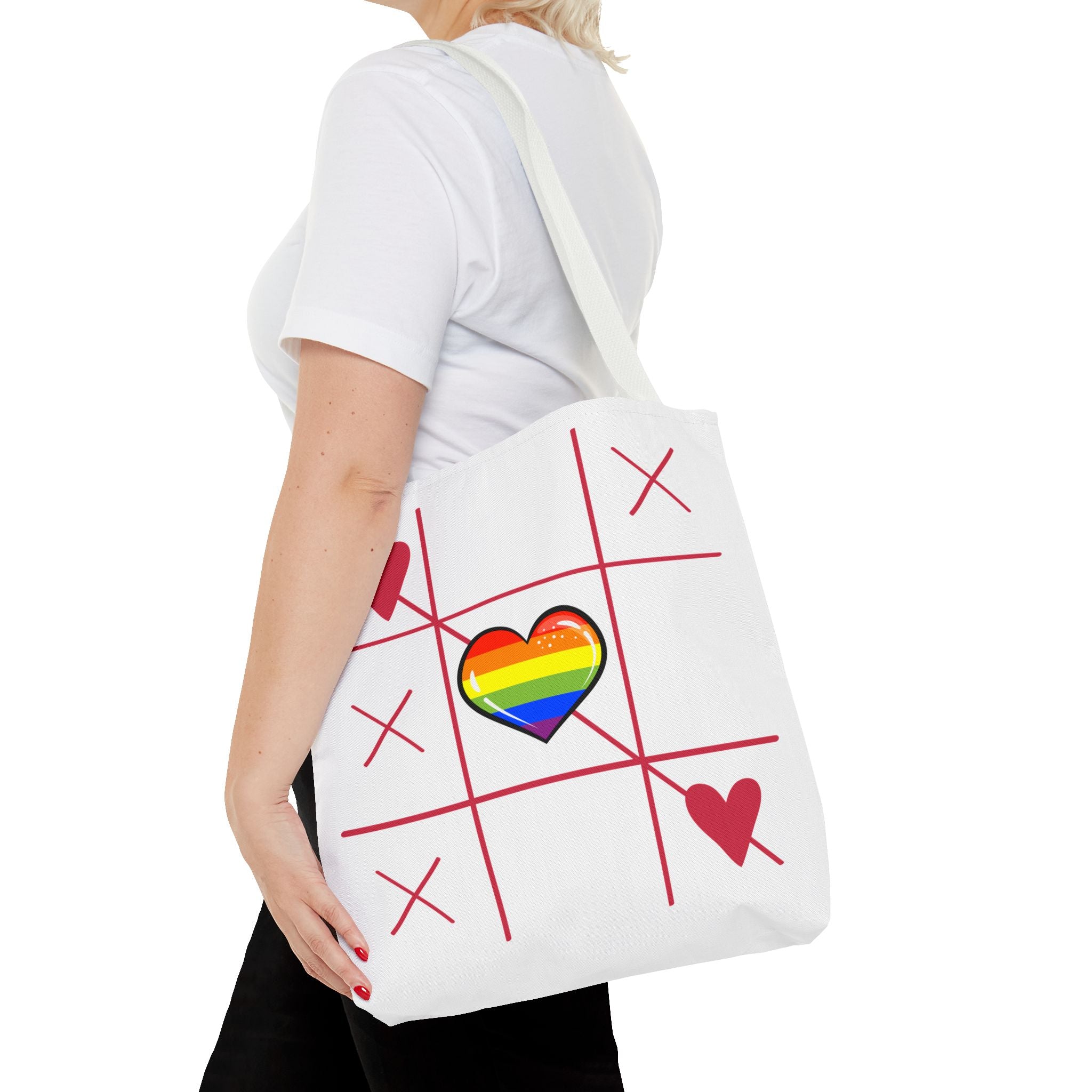 Rainbow Love Tote Bag – Tic Tac Toe Heart, Durable Polyester, Multiple Sizes | Inclusive LGBTQIA+ Accessory | Voce Lindx
