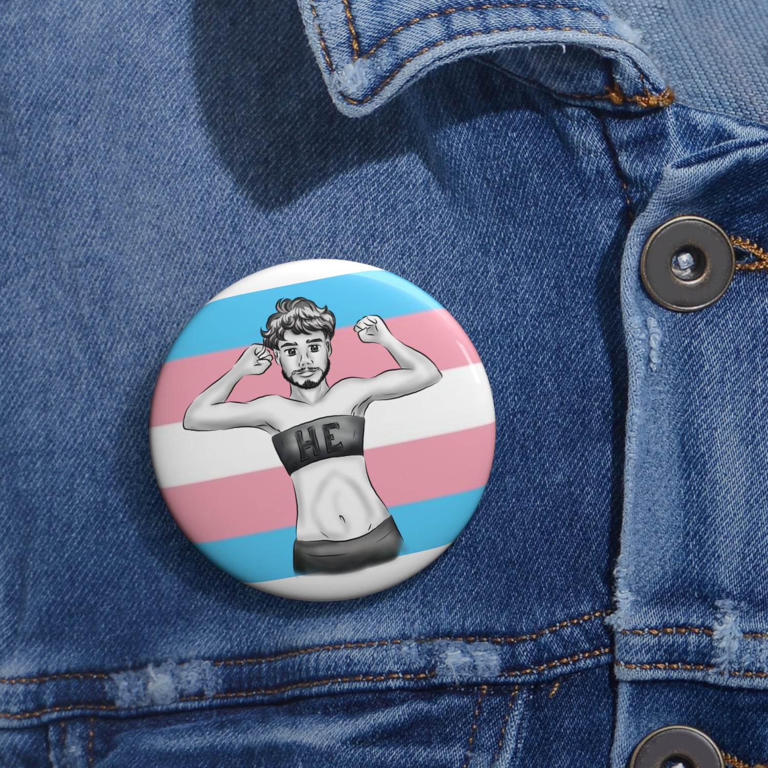 HE Pronoun Trans Pride Pin Button – Gender-Free, Transmasculine Art, Glossy Metal, Multiple Sizes | Voce Lindx
