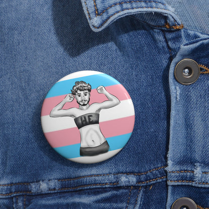 HE Pronoun Trans Pride Pin Button – Gender-Free, Transmasculine Art, Glossy Metal, Multiple Sizes | Voce Lindx